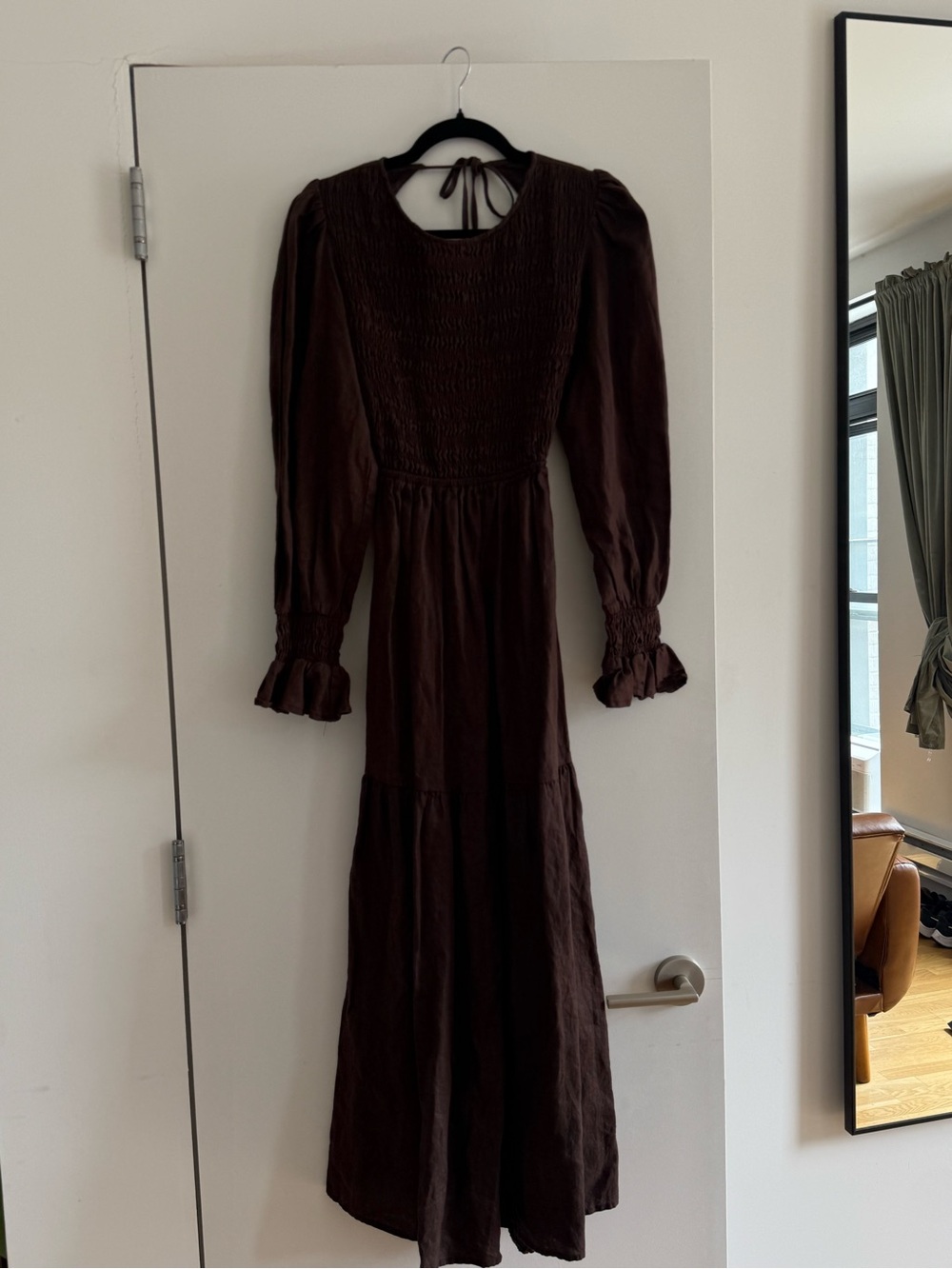 DISSH Women’s Brown Long Sleeve Smocked Maxi Dress Linen